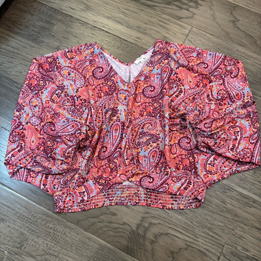 UMGEE Women's Pink Paisley Long Puff Sleeve V-Neck Smocked Back Large